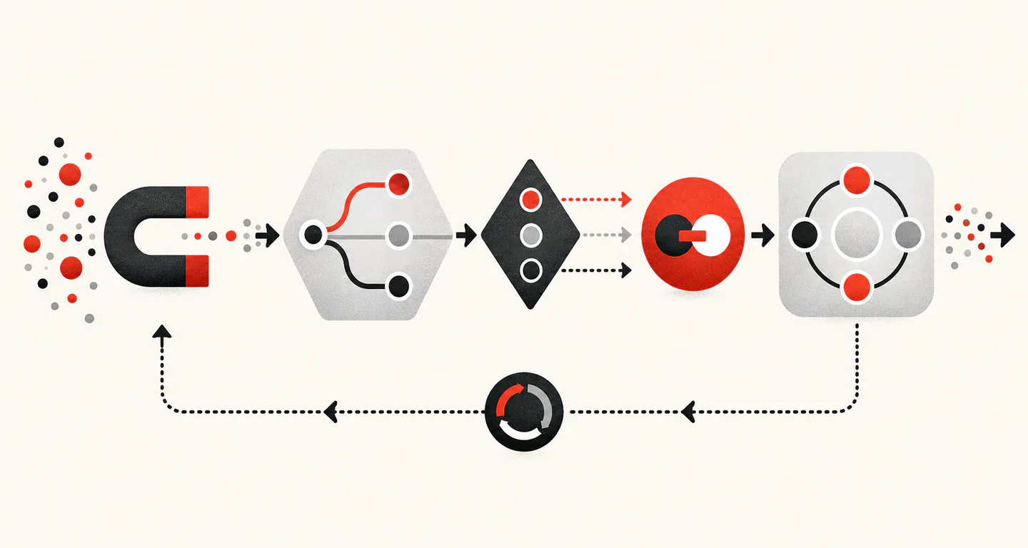 A connected commercial flow with routing, decision points, operational handoffs and a feedback loop